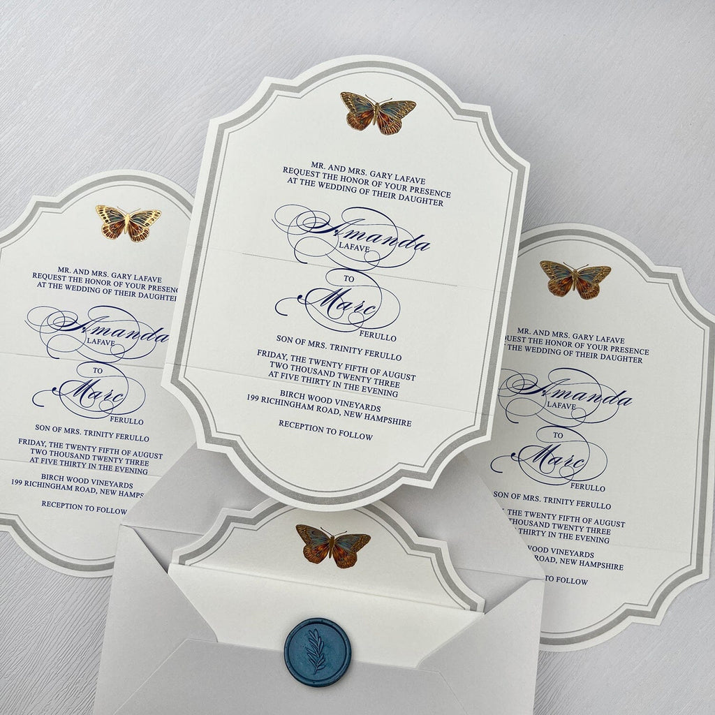 Butterfly Bracket Shaped Wedding Invitations, Romantic Colorful Gold Foil Invites, Elegant Gold and Blue Invitation with Customized Wax Seal Wedding Ceremony Supplies Picky Bride