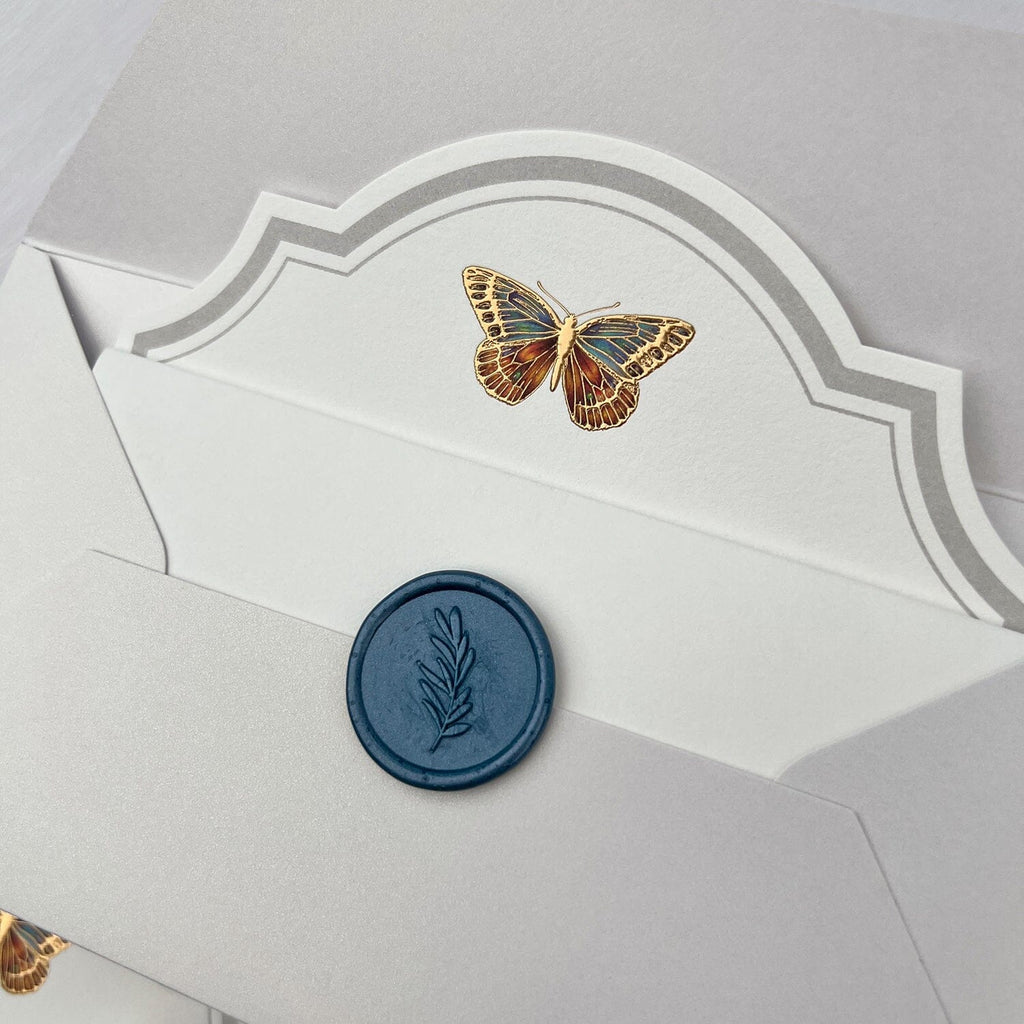 Butterfly Bracket Shaped Wedding Invitations, Romantic Colorful Gold Foil Invites, Elegant Gold and Blue Invitation with Customized Wax Seal Wedding Ceremony Supplies Picky Bride