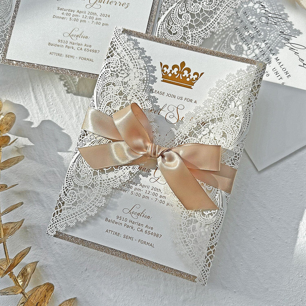 Champagne and Gold Quinceañera Invitation, Princess Crown Birthday Invitation, Tan Ribbons Picky Bride