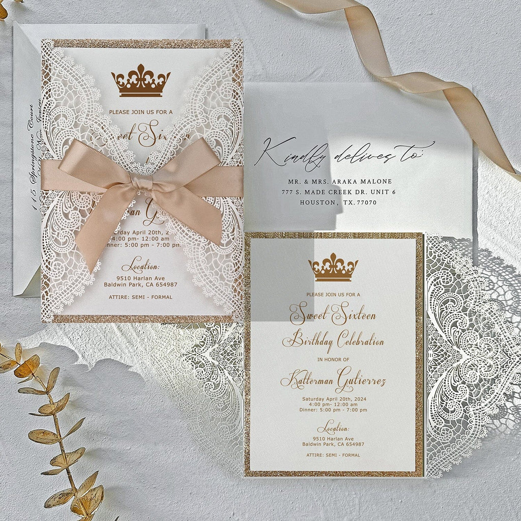 Champagne and Gold Quinceañera Invitation, Princess Crown Birthday Invitation, Tan Ribbons Picky Bride