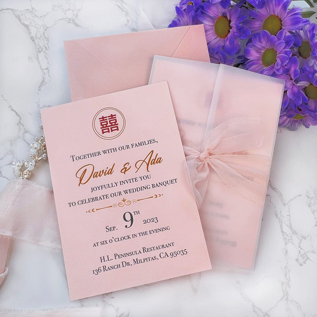 Chinoiserie Pink and Gold Vellum Wrap Wedding Invitations, Romantic Double Happiness Cotton Paper Invites with Torn Silk Ribbon, Asian Chinese Invitation Wedding Ceremony Supplies Picky Bride
