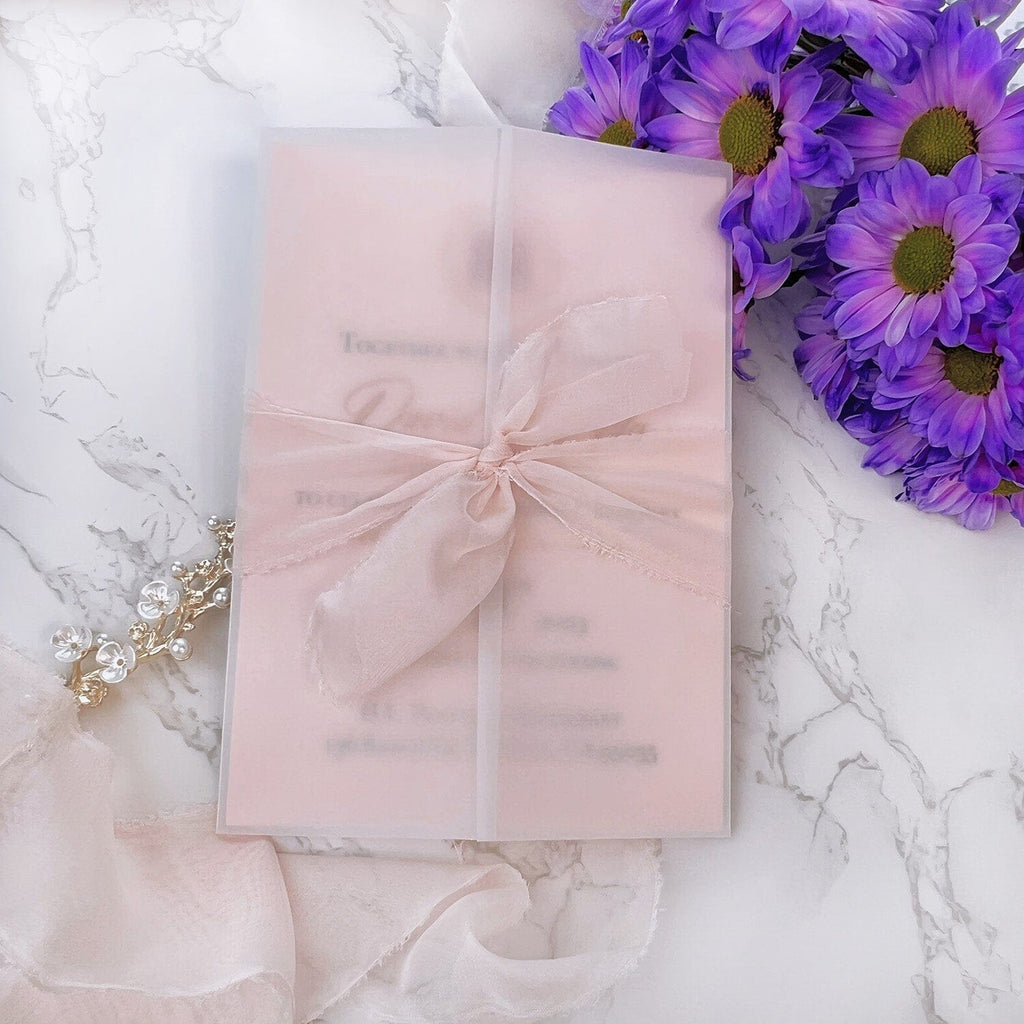 Chinoiserie Pink and Gold Vellum Wrap Wedding Invitations, Romantic Double Happiness Cotton Paper Invites with Torn Silk Ribbon, Asian Chinese Invitation Wedding Ceremony Supplies Picky Bride