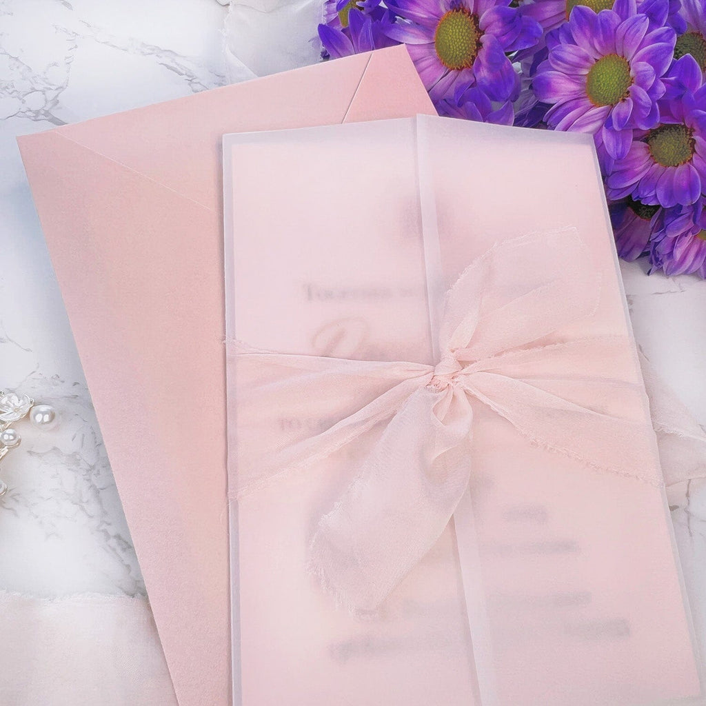 Chinoiserie Pink and Gold Vellum Wrap Wedding Invitations, Romantic Double Happiness Cotton Paper Invites with Torn Silk Ribbon, Asian Chinese Invitation Wedding Ceremony Supplies Picky Bride