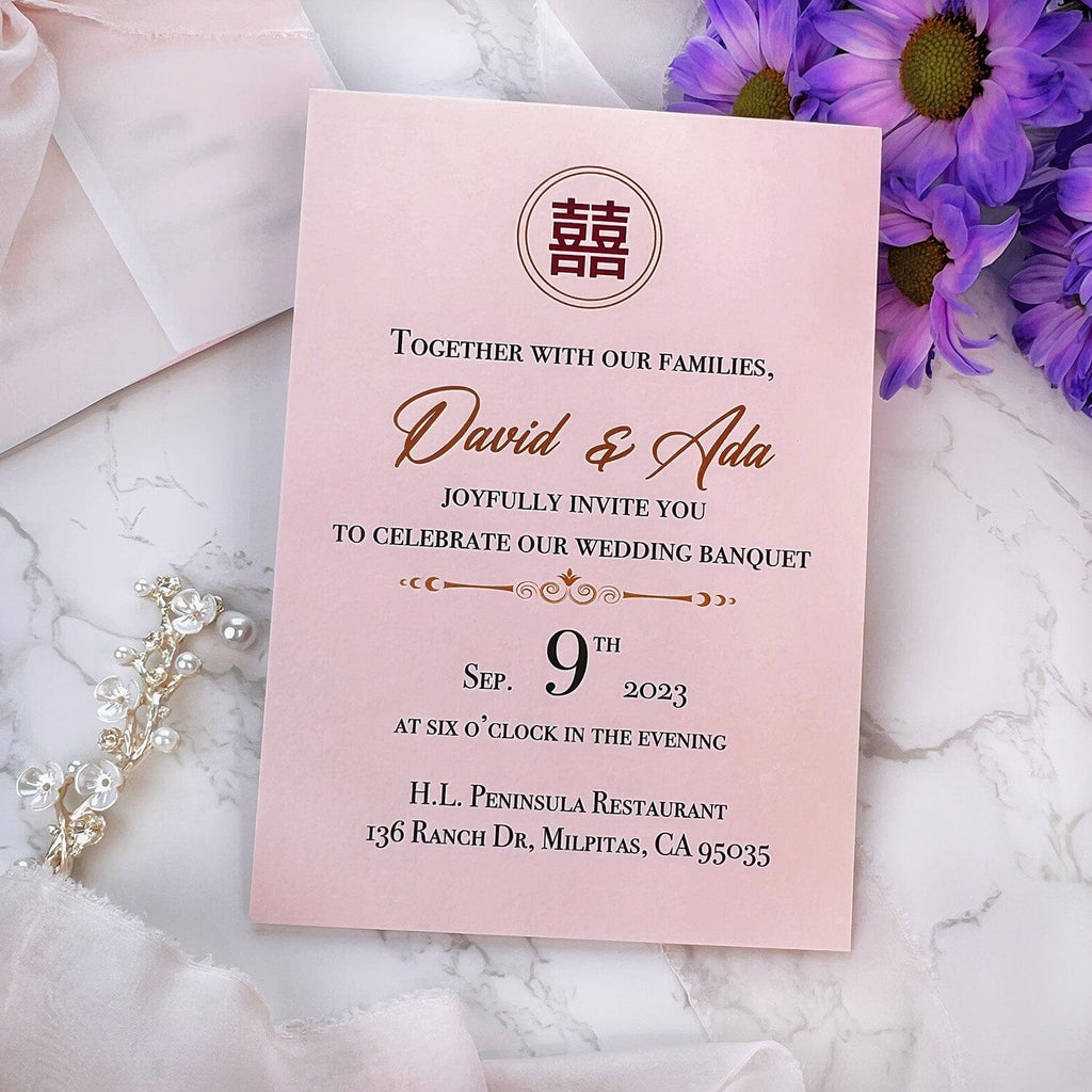 Chinoiserie Pink and Gold Vellum Wrap Wedding Invitations, Romantic Double Happiness Cotton Paper Invites with Torn Silk Ribbon, Asian Chinese Invitation Wedding Ceremony Supplies Picky Bride