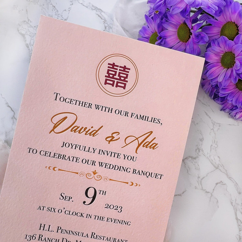 Chinoiserie Pink and Gold Vellum Wrap Wedding Invitations, Romantic Double Happiness Cotton Paper Invites with Torn Silk Ribbon, Asian Chinese Invitation Wedding Ceremony Supplies Picky Bride