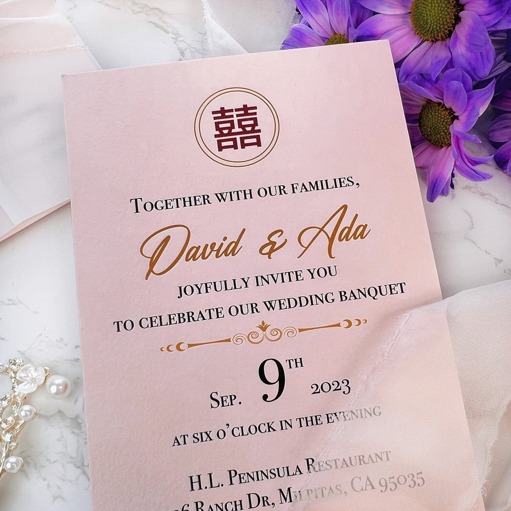 Chinoiserie Pink and Gold Vellum Wrap Wedding Invitations, Romantic Double Happiness Cotton Paper Invites with Torn Silk Ribbon, Asian Chinese Invitation Wedding Ceremony Supplies Picky Bride