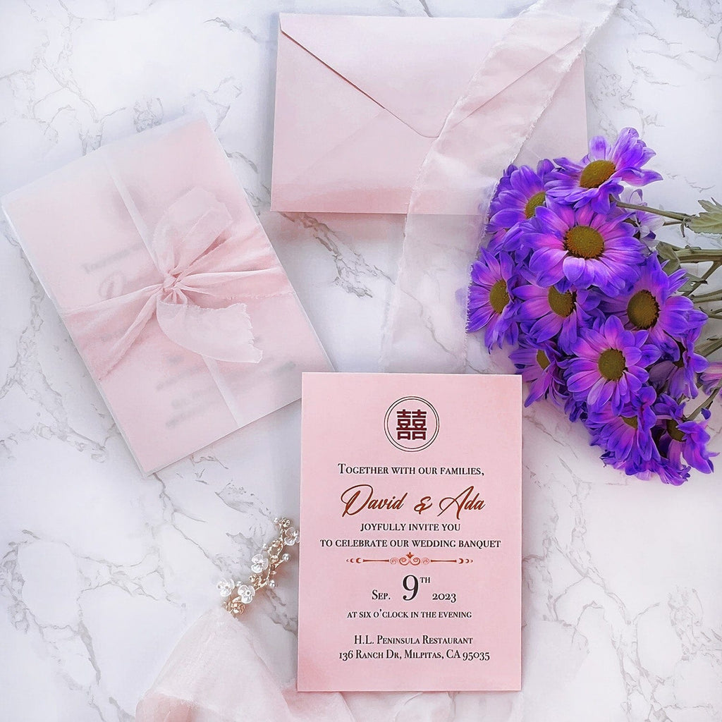 Chinoiserie Pink and Gold Vellum Wrap Wedding Invitations, Romantic Double Happiness Cotton Paper Invites with Torn Silk Ribbon, Asian Chinese Invitation Wedding Ceremony Supplies Picky Bride