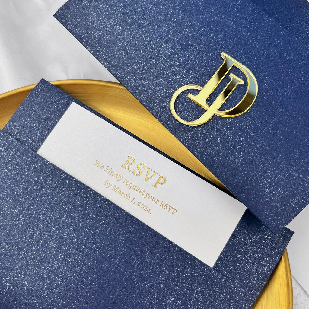 Classic Navy and Gold Trifold Wedding Invitation, Elegant Blue Pocket Invites with Personalized Gold Mirror Logo, Gold Foil Matched RSVP, Detail Cards Wedding Ceremony Supplies Picky Bride