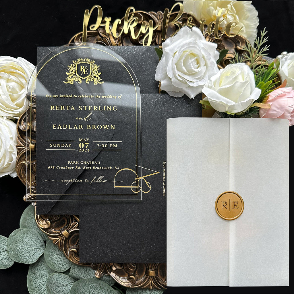 Clear Acrylic Wedding Invitation with Black Envelope,Transparent Invites and Vellum Warps, Customized Wax Seal Wedding Ceremony Supplies Picky Bride