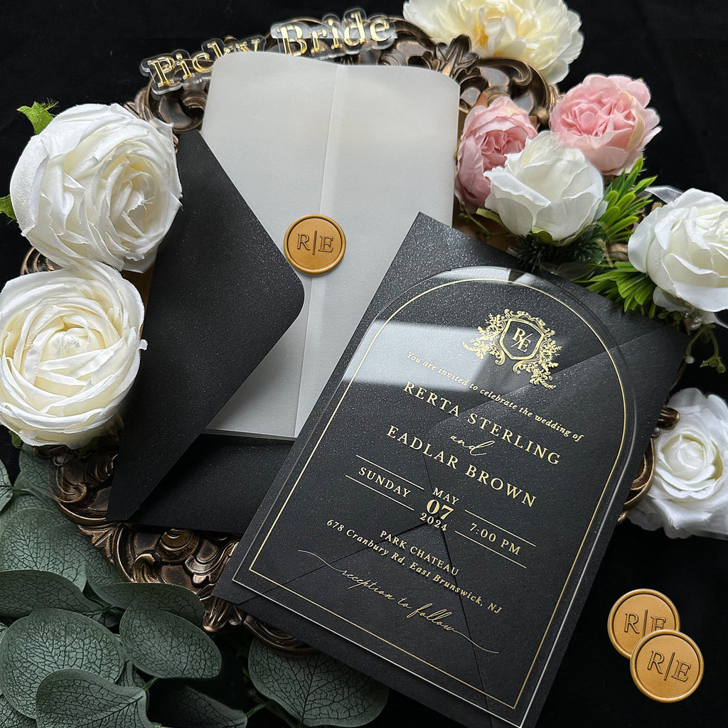 Clear Acrylic Wedding Invitation with Black Envelope,Transparent Invites and Vellum Warps, Customized Wax Seal Wedding Ceremony Supplies Picky Bride