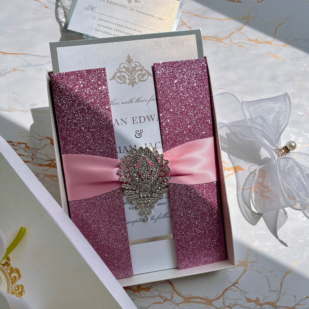 Diamond Glitter Pink Wedding Invitations, Luxury Blush and Silver Double-layer Invites, Gold Foil Boxed Invitation with RSVP Picky Bride
