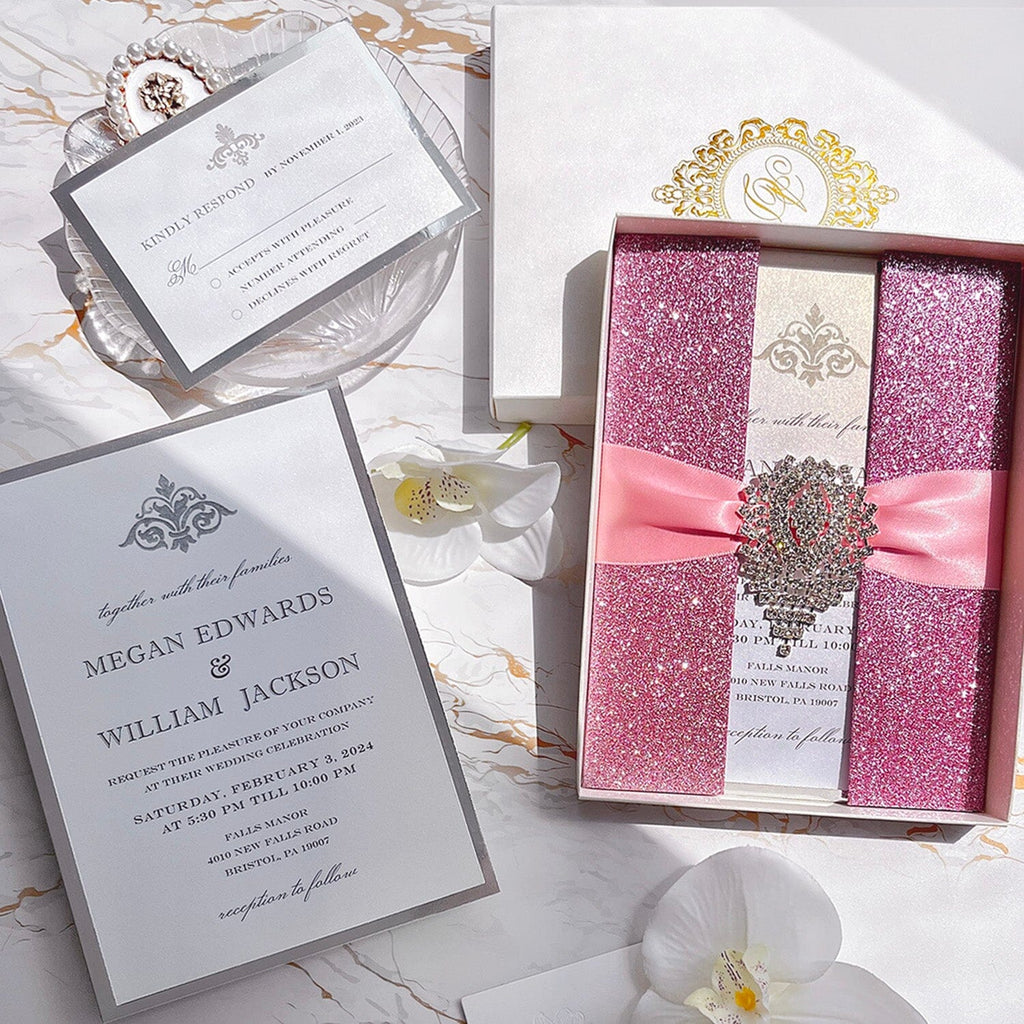 Diamond Glitter Pink Wedding Invitations, Luxury Blush and Silver Double-layer Invites, Gold Foil Boxed Invitation with RSVP Picky Bride