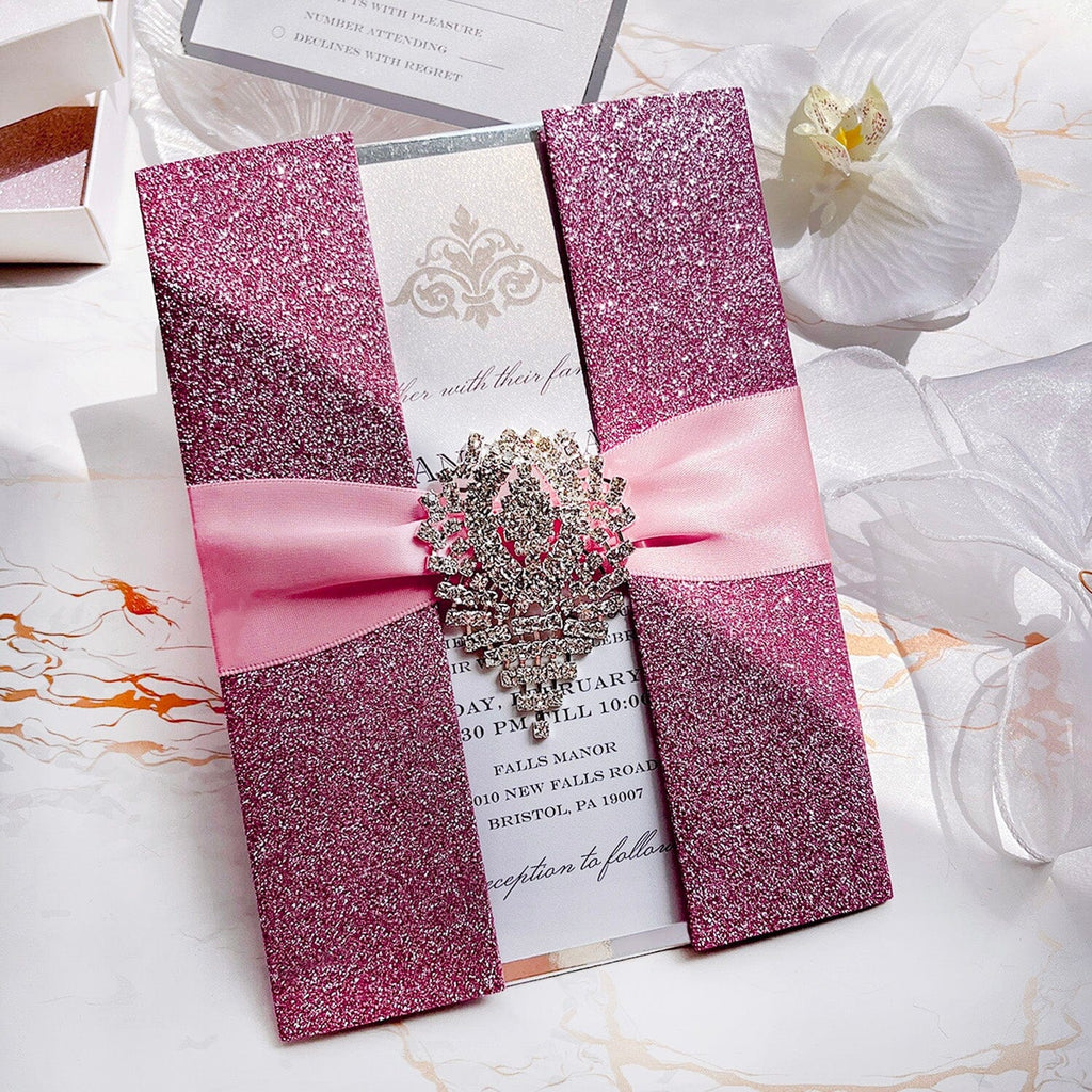Diamond Glitter Pink Wedding Invitations, Luxury Blush and Silver Double-layer Invites, Gold Foil Boxed Invitation with RSVP Picky Bride