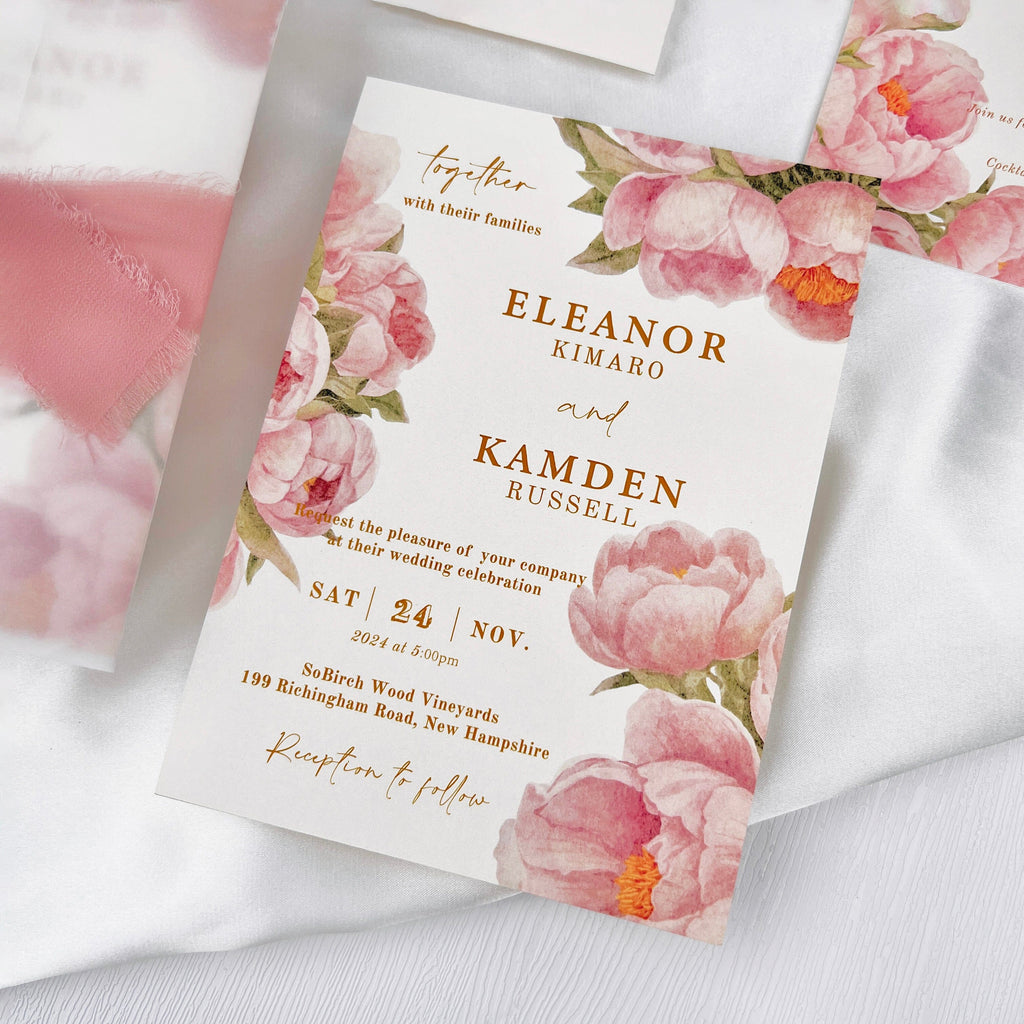 Dusty Rose Wedding Invitations, Romantic Pink Peony Invites with Hand Torn Silk Ribbon, Floral Vellum Jacket Invitation with Matched RSVP Wedding Ceremony Supplies Picky Bride