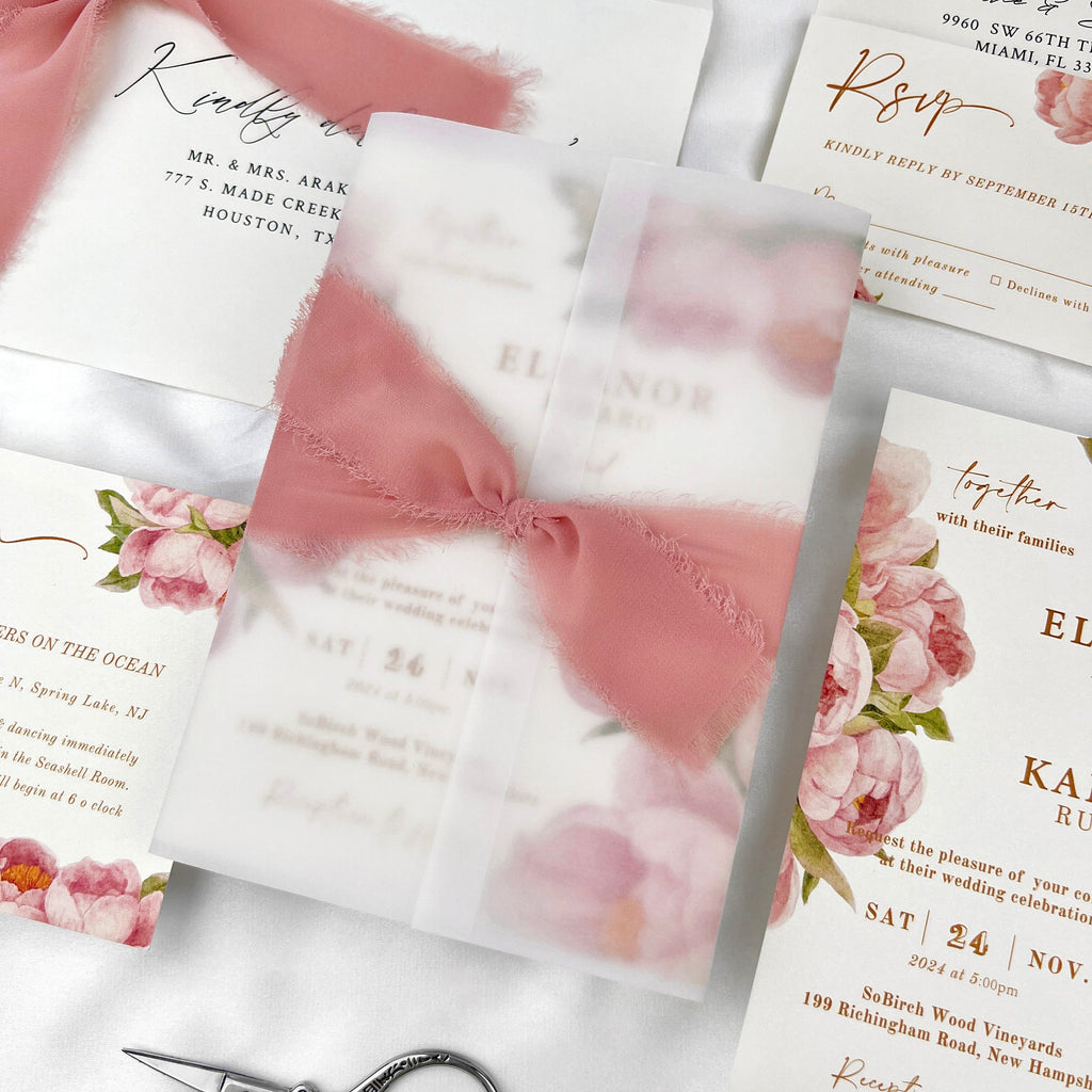 Dusty Rose Wedding Invitations, Romantic Pink Peony Invites with Hand Torn Silk Ribbon, Floral Vellum Jacket Invitation with Matched RSVP Wedding Ceremony Supplies Picky Bride