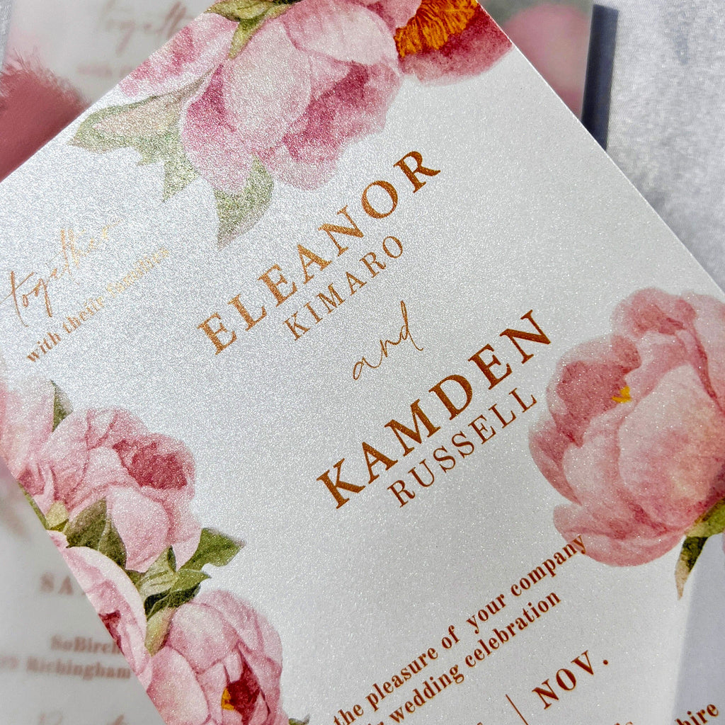 Dusty Rose Wedding Invitations, Romantic Pink Peony Invites with Hand Torn Silk Ribbon, Floral Vellum Jacket Invitation with Matched RSVP Wedding Ceremony Supplies Picky Bride