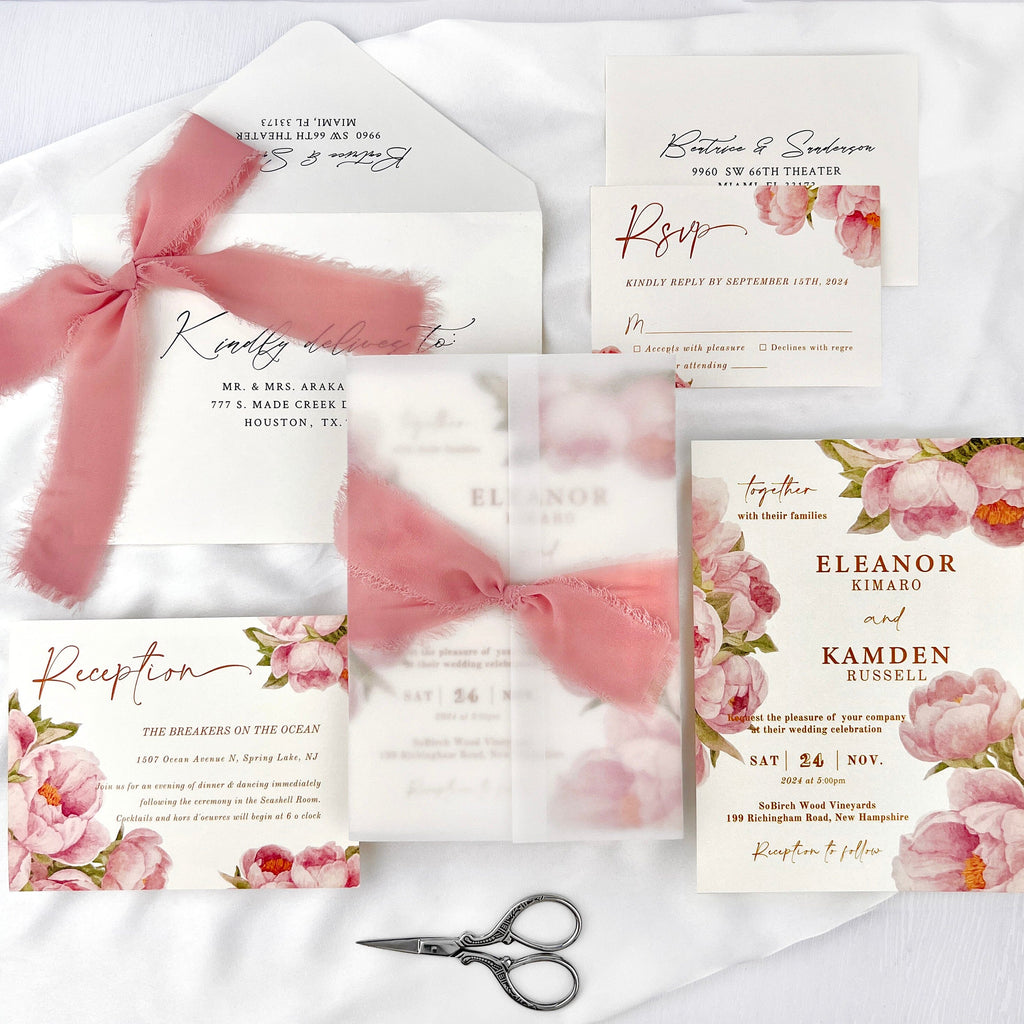 Dusty Rose Wedding Invitations, Romantic Pink Peony Invites with Hand Torn Silk Ribbon, Floral Vellum Jacket Invitation with Matched RSVP Wedding Ceremony Supplies Picky Bride