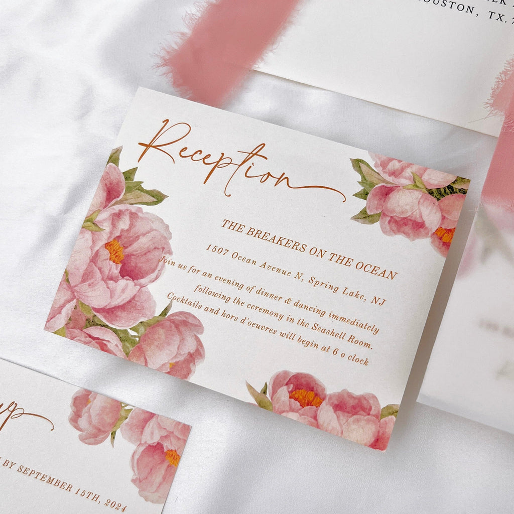 Dusty Rose Wedding Invitations, Romantic Pink Peony Invites with Hand Torn Silk Ribbon, Floral Vellum Jacket Invitation with Matched RSVP Wedding Ceremony Supplies Picky Bride