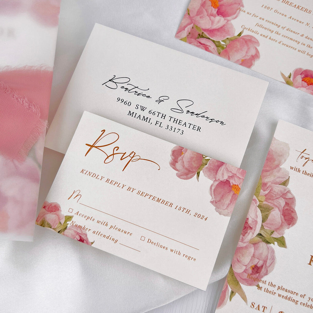 Dusty Rose Wedding Invitations, Romantic Pink Peony Invites with Hand Torn Silk Ribbon, Floral Vellum Jacket Invitation with Matched RSVP Wedding Ceremony Supplies Picky Bride