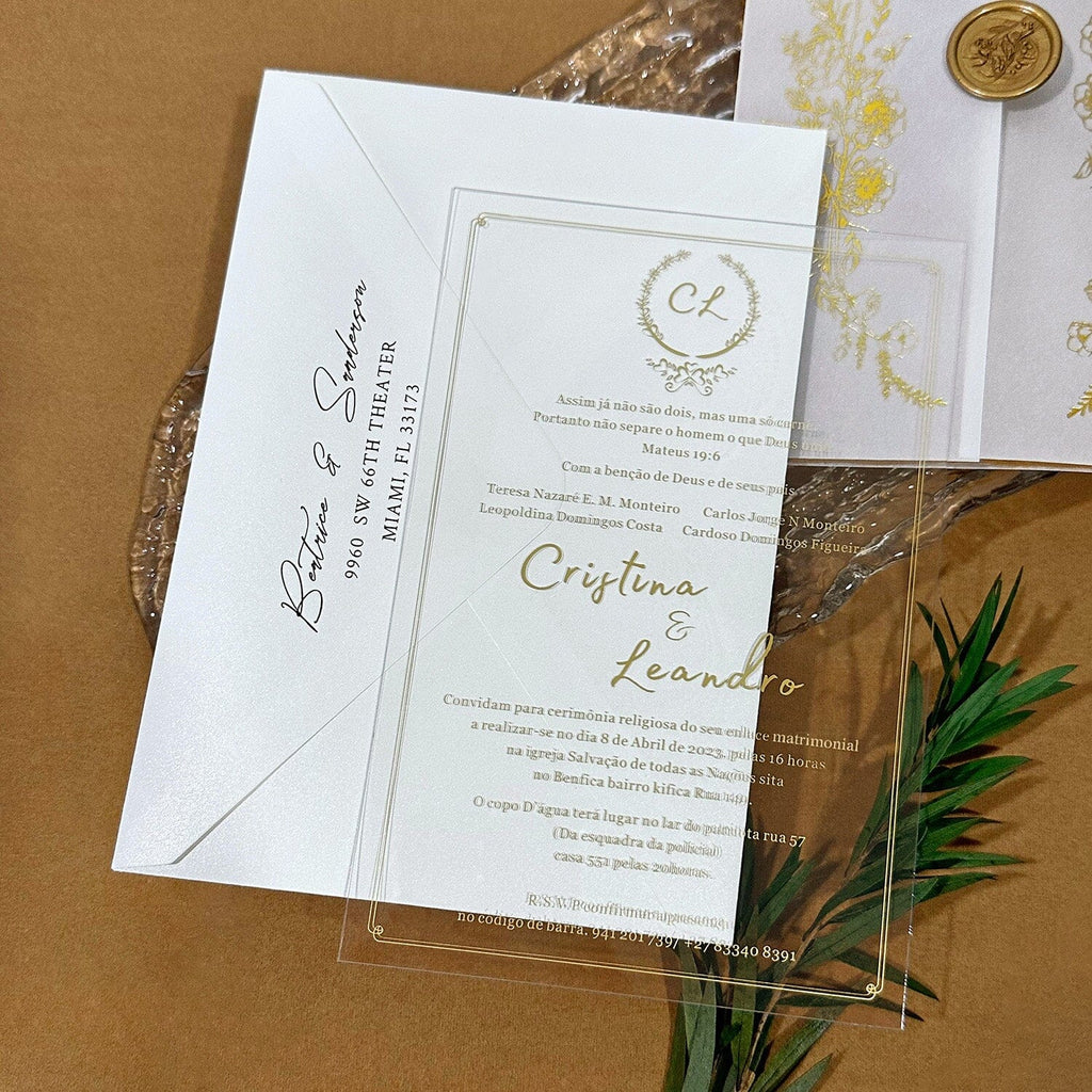 Elegant Acrylic Wedding Invitations, Personalized Wedding Invitation with Gold Foil, Minimalist Gold Acrylic Invites Picky Bride