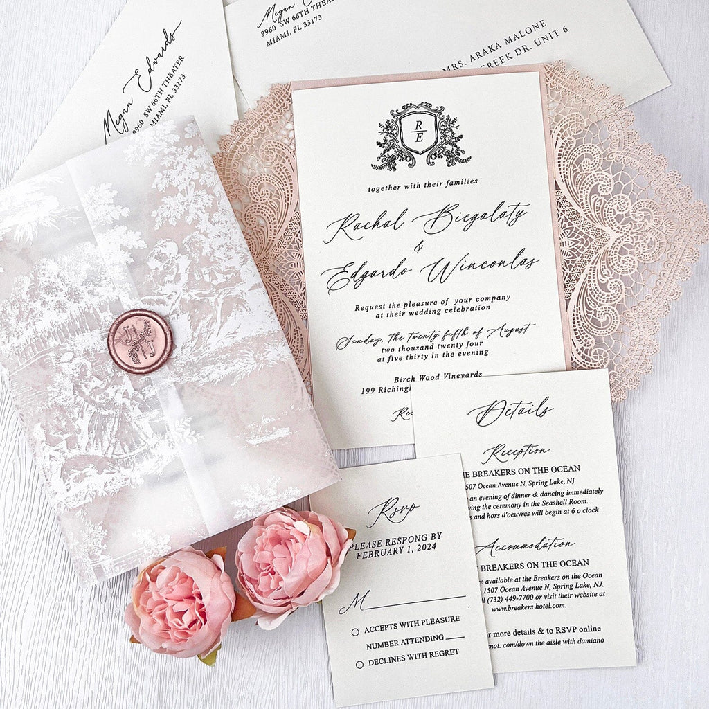 Elegant Blush and Ivory Lace Wedding Invitations, Romantic Pink Fine Art Printed Vellum Wrap Invites, Personalized Gatefold Invitation and Wax Seal Wedding Ceremony Supplies Picky Bride