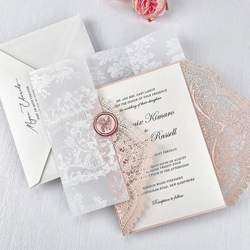 Elegant Blush and Ivory Lace Wedding Invitations, Romantic Pink Fine Art Printed Vellum Wrap Invites, Personalized Gatefold Invitation and Wax Seal Wedding Ceremony Supplies Picky Bride