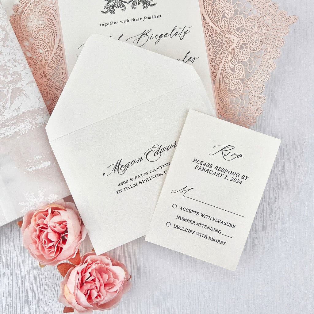 Elegant Blush and Ivory Lace Wedding Invitations, Romantic Pink Fine Art Printed Vellum Wrap Invites, Personalized Gatefold Invitation and Wax Seal Wedding Ceremony Supplies Picky Bride