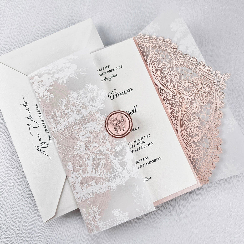 Elegant Blush and Ivory Lace Wedding Invitations, Romantic Pink Fine Art Printed Vellum Wrap Invites, Personalized Gatefold Invitation and Wax Seal Wedding Ceremony Supplies Picky Bride