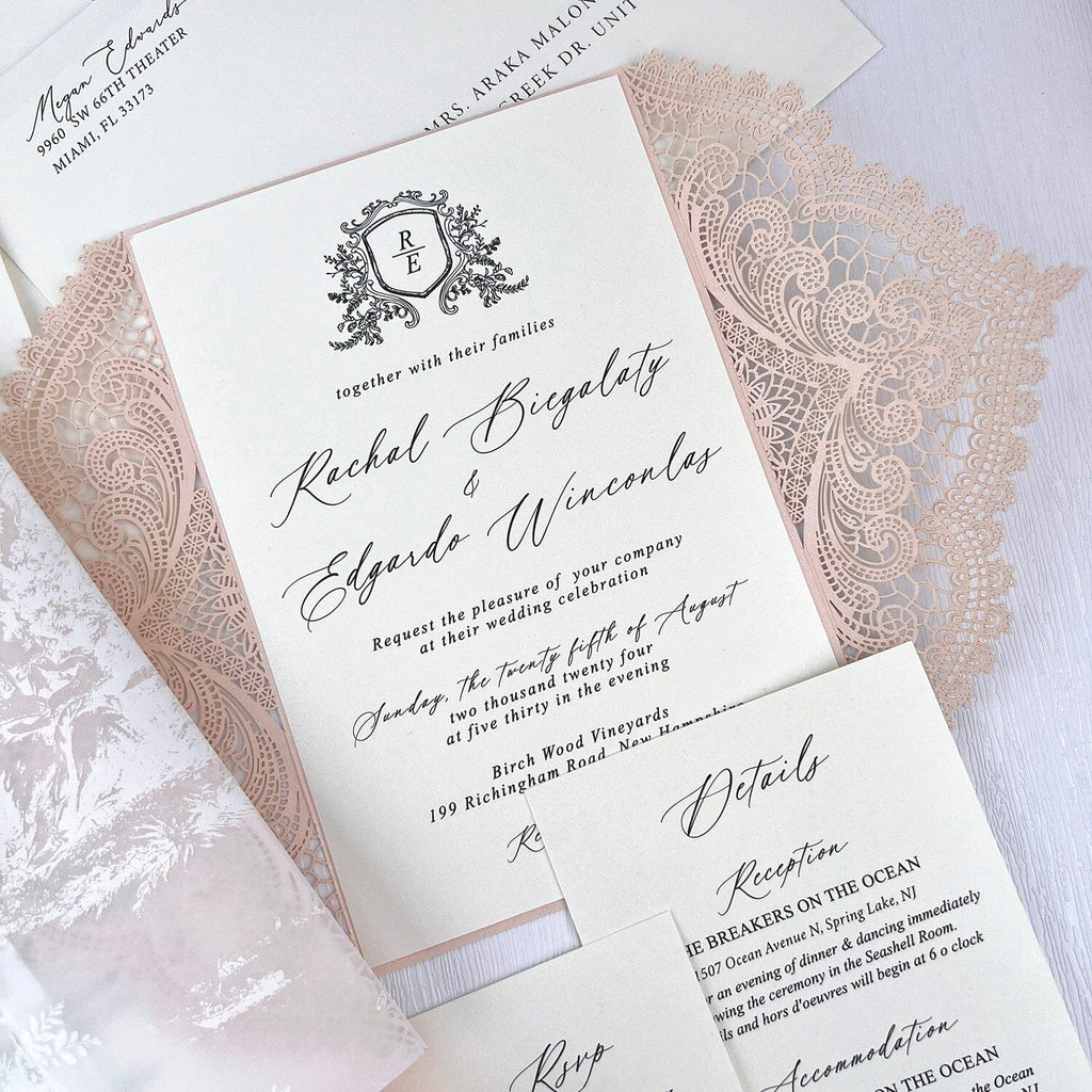 Elegant Blush and Ivory Lace Wedding Invitations, Romantic Pink Fine Art Printed Vellum Wrap Invites, Personalized Gatefold Invitation and Wax Seal Wedding Ceremony Supplies Picky Bride