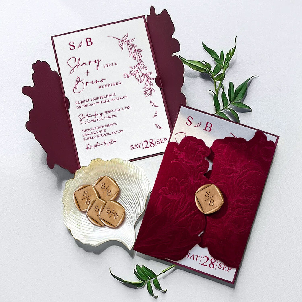 Elegant Burgundy Floral Velvet Wedding Invitation, Luxury Gravure Printing Invites with Personalized Gold Wax Seal Wedding Ceremony Supplies Picky Bride