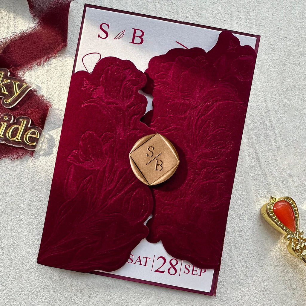 Elegant Burgundy Floral Velvet Wedding Invitation, Luxury Gravure Printing Invites with Personalized Gold Wax Seal Wedding Ceremony Supplies Picky Bride