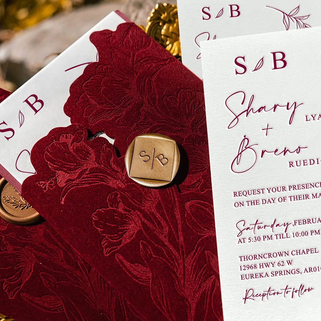 Elegant Burgundy Floral Velvet Wedding Invitation, Luxury Gravure Printing Invites with Personalized Gold Wax Seal Wedding Ceremony Supplies Picky Bride