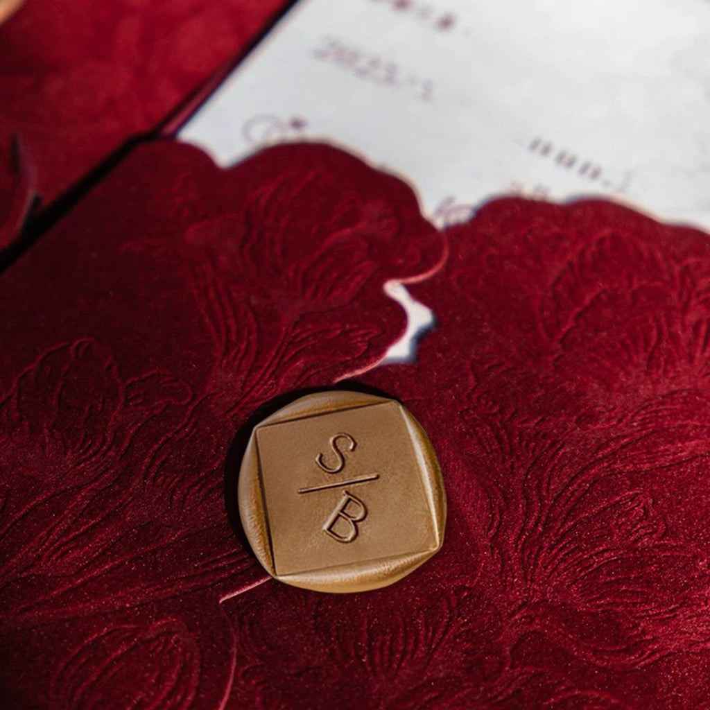 Elegant Burgundy Floral Velvet Wedding Invitation, Luxury Gravure Printing Invites with Personalized Gold Wax Seal Wedding Ceremony Supplies Picky Bride