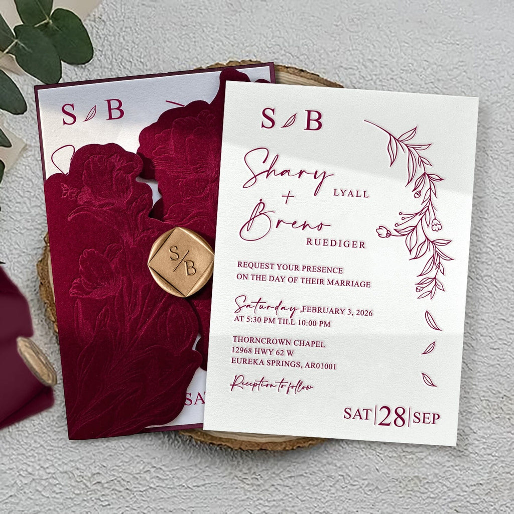 Elegant Burgundy Floral Velvet Wedding Invitation, Luxury Gravure Printing Invites with Personalized Gold Wax Seal Wedding Ceremony Supplies Picky Bride