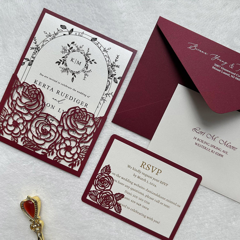 Elegant Floral Pocket Wedding Invitations, Romantic Burgundy Rose Wedding Invitation with RSVP Card, Envelope Addressing & Printing Service Wedding Ceremony Supplies Picky Bride
