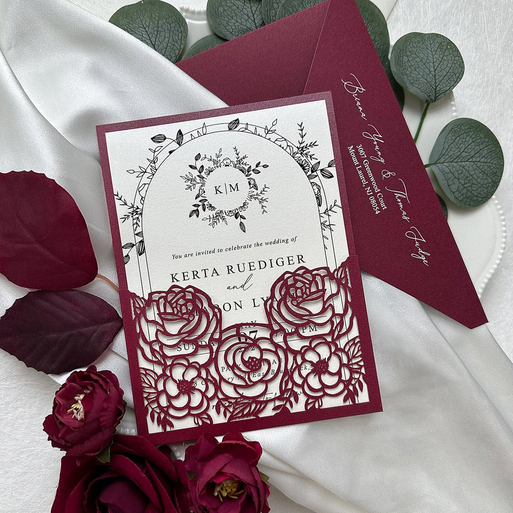 Elegant Floral Pocket Wedding Invitations, Romantic Burgundy Rose Wedding Invitation with RSVP Card, Envelope Addressing & Printing Service Wedding Ceremony Supplies Picky Bride