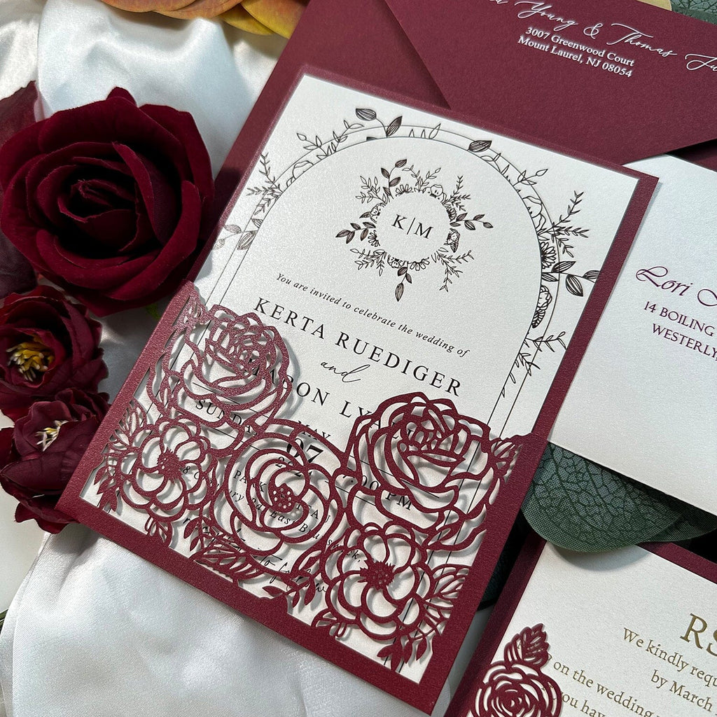 Elegant Floral Pocket Wedding Invitations, Romantic Burgundy Rose Wedding Invitation with RSVP Card, Envelope Addressing & Printing Service Wedding Ceremony Supplies Picky Bride