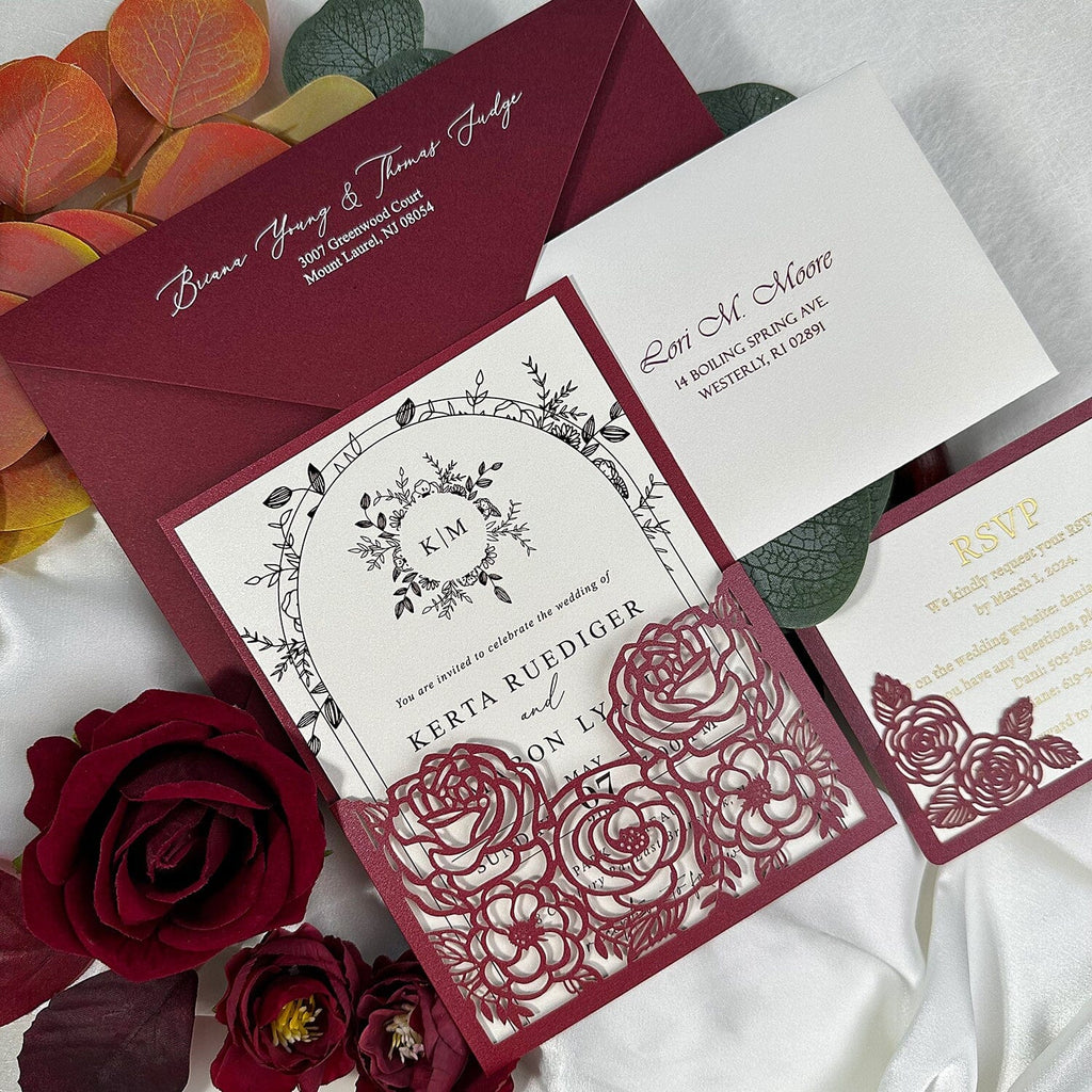 Elegant Floral Pocket Wedding Invitations, Romantic Burgundy Rose Wedding Invitation with RSVP Card, Envelope Addressing & Printing Service Wedding Ceremony Supplies Picky Bride