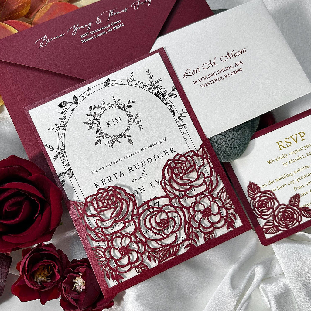 Elegant Floral Pocket Wedding Invitations, Romantic Burgundy Rose Wedding Invitation with RSVP Card, Envelope Addressing & Printing Service Wedding Ceremony Supplies Picky Bride
