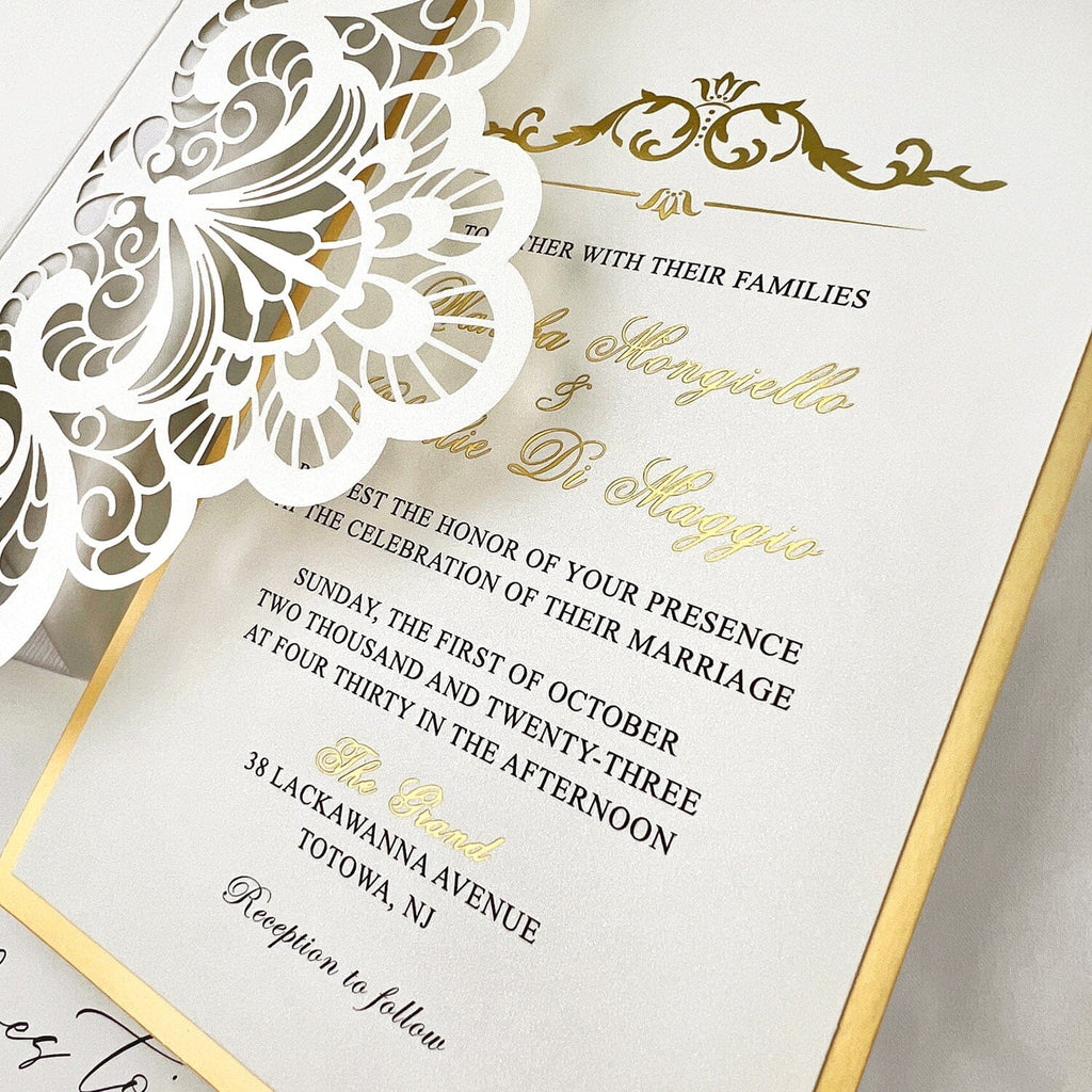 Elegant Gold and Ivory Laser Cut Wedding Invitation, Luxury Gold Foil Lined Invites with Vellum Belly Band, Royal Tri-Fold Pocket Invitations with RSVP Picky Bride