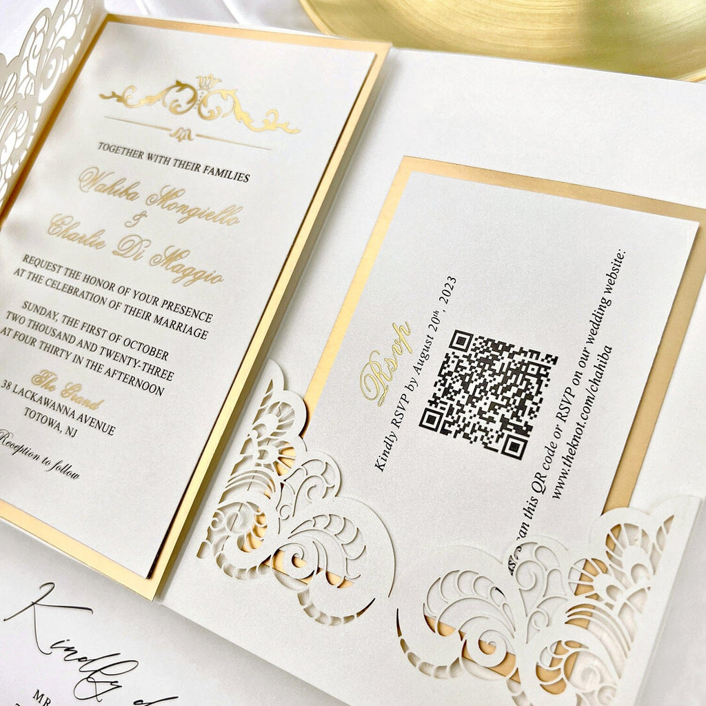 Elegant Gold and Ivory Laser Cut Wedding Invitation, Luxury Gold Foil Lined Invites with Vellum Belly Band, Royal Tri-Fold Pocket Invitations with RSVP Picky Bride