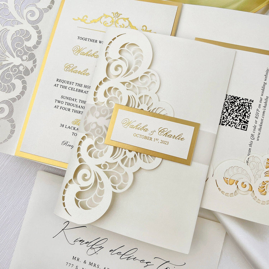 Elegant Gold and Ivory Laser Cut Wedding Invitation, Luxury Gold Foil Lined Invites with Vellum Belly Band, Royal Tri-Fold Pocket Invitations with RSVP Picky Bride