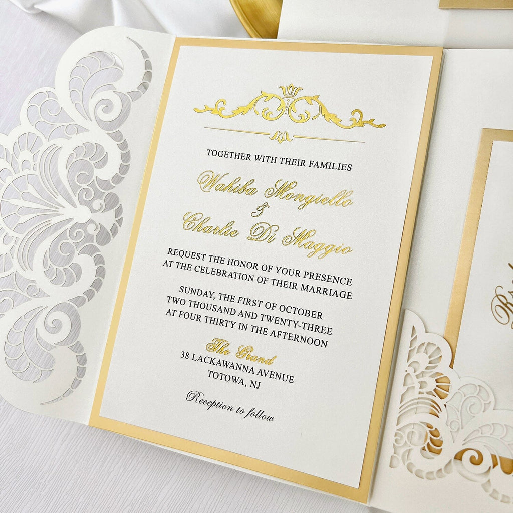Elegant Gold and Ivory Laser Cut Wedding Invitation, Luxury Gold Foil Lined Invites with Vellum Belly Band, Royal Tri-Fold Pocket Invitations with RSVP Picky Bride