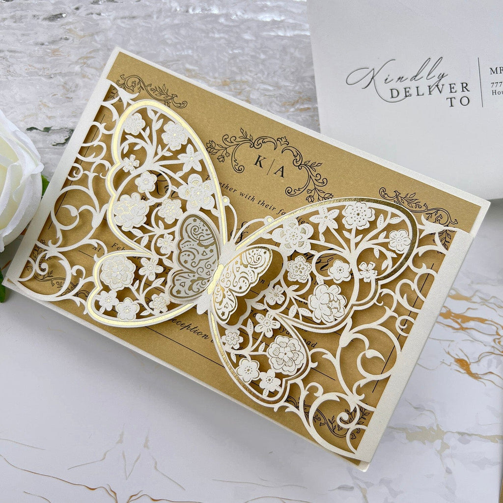 Elegant Ivory and Gold Butterfly Wedding Invitations, Luxury Gold Foil 3D Butterflies Pocket Invites, Personalized Floral Monogram Invitation with RSVP Wedding Ceremony Supplies Picky Bride