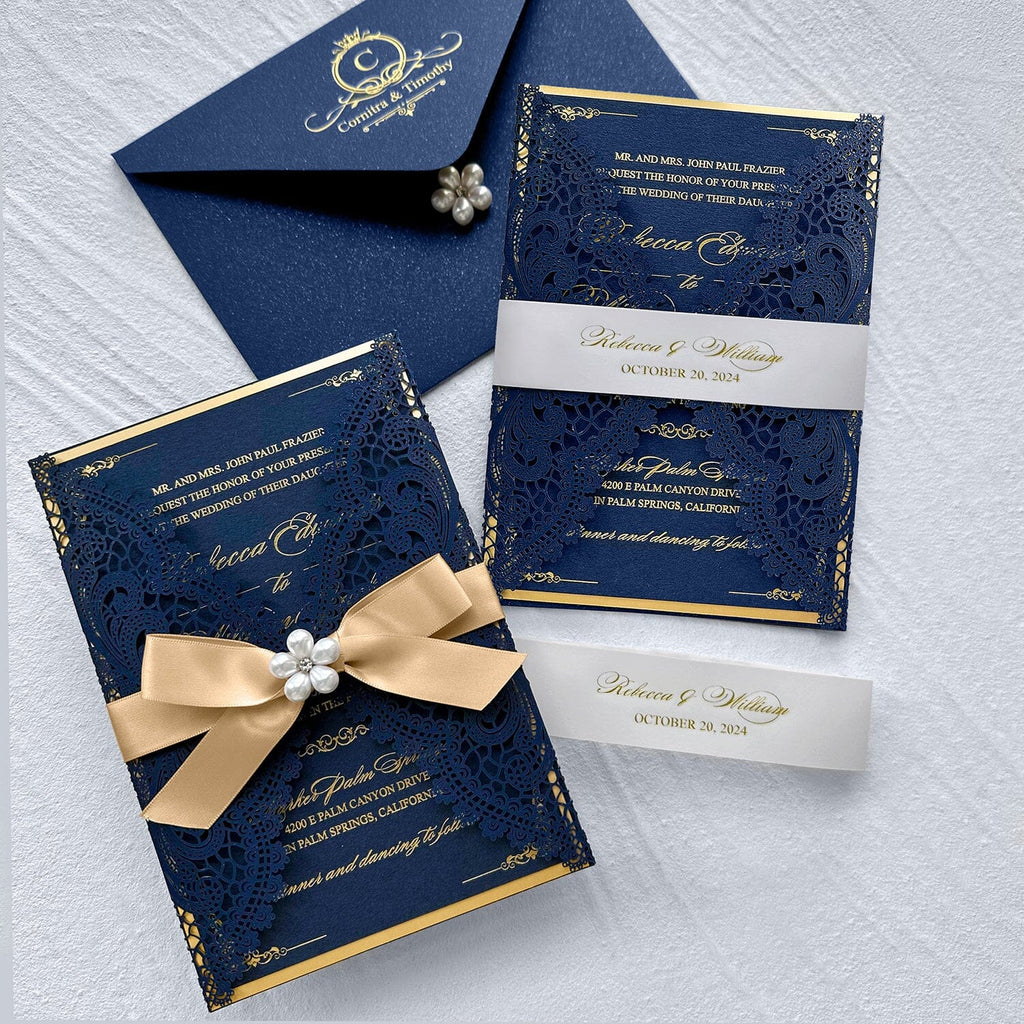 Elegant Navy and Gold Foil Wedding Invitation, Luxury Gold Double-layer and Lace Laser Cut Covers Invites, Customized Vellum Belly Bands and Silk Ribbons as Choices Wedding Ceremony Supplies Picky Bride