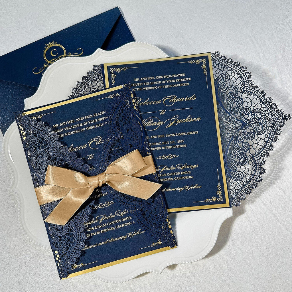 Elegant Navy and Gold Foil Wedding Invitation, Luxury Gold Double-layer and Lace Laser Cut Covers Invites, Customized Vellum Belly Bands and Silk Ribbons as Choices Wedding Ceremony Supplies Picky Bride
