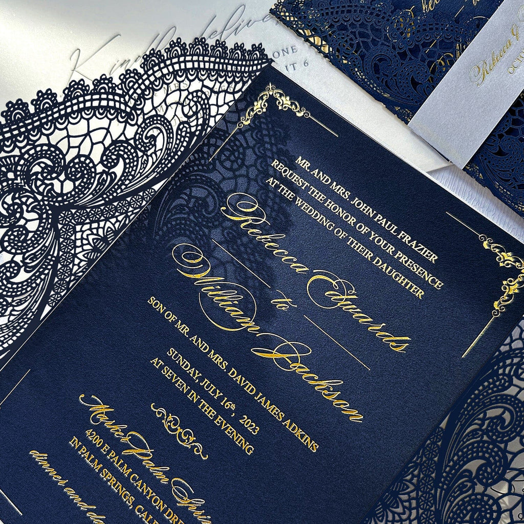 Elegant Navy and Gold Foil Wedding Invitation, Luxury Gold Double-layer and Lace Laser Cut Covers Invites, Customized Vellum Belly Bands and Silk Ribbons as Choices Wedding Ceremony Supplies Picky Bride