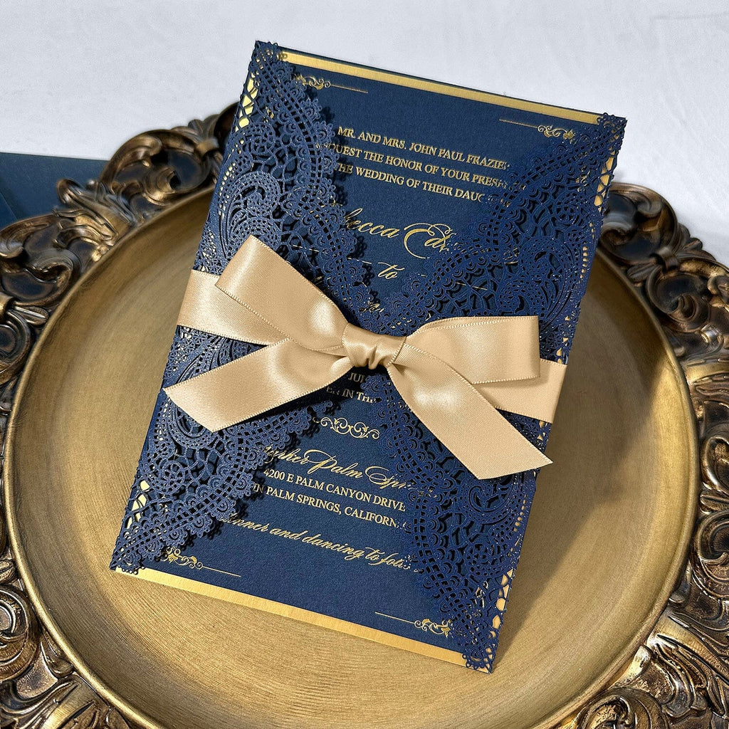 Elegant Navy and Gold Foil Wedding Invitation, Luxury Gold Double-layer and Lace Laser Cut Covers Invites, Customized Vellum Belly Bands and Silk Ribbons as Choices Wedding Ceremony Supplies Picky Bride