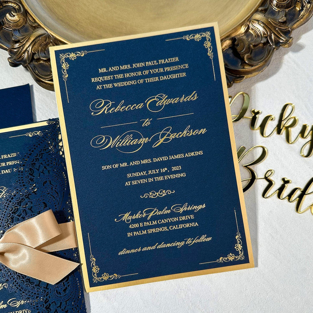 Elegant Navy and Gold Foil Wedding Invitation, Luxury Gold Double-layer and Lace Laser Cut Covers Invites, Customized Vellum Belly Bands and Silk Ribbons as Choices Wedding Ceremony Supplies Picky Bride