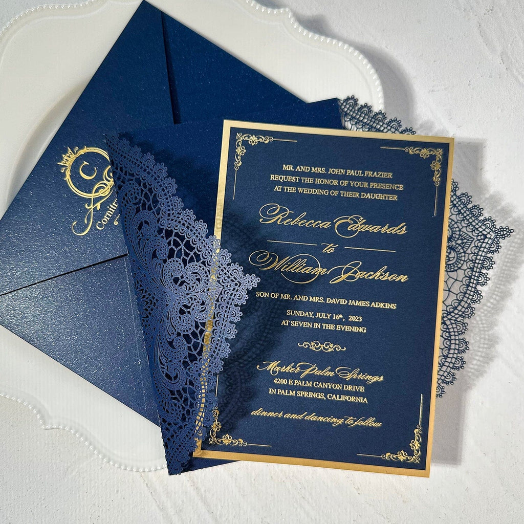 Elegant Navy and Gold Foil Wedding Invitation, Luxury Gold Double-layer and Lace Laser Cut Covers Invites, Customized Vellum Belly Bands and Silk Ribbons as Choices Wedding Ceremony Supplies Picky Bride